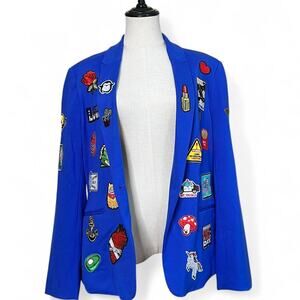 rare 1 of 1 blue repurposed blazer with unique cool patches on collar and sleeve